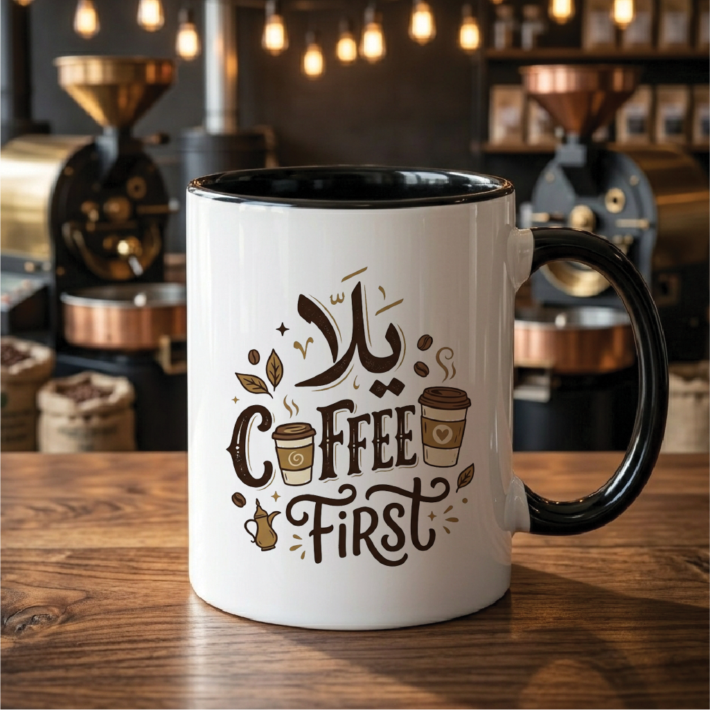 Yallah, Coffee First - Quote Printed Premium Coffee Mugs & Cups (5 Options)  MG1052