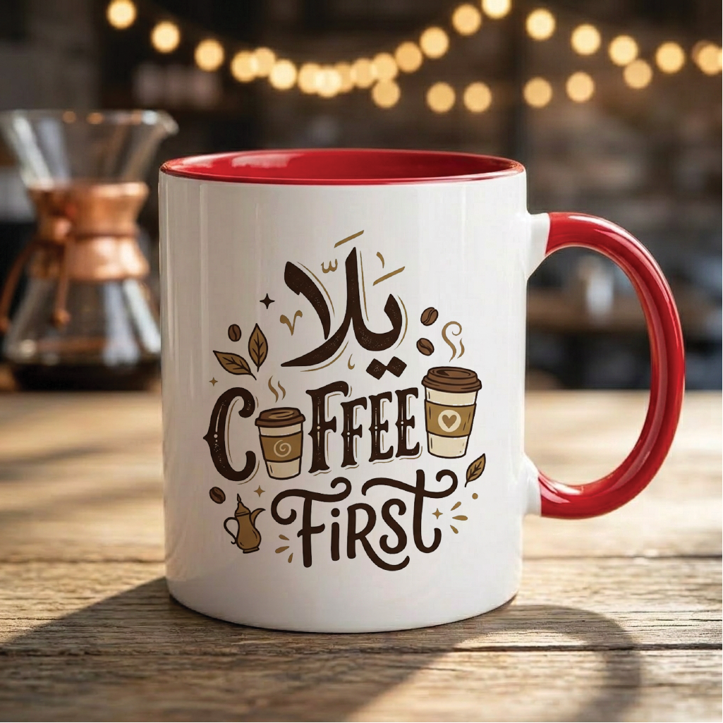 Yallah, Coffee First - Quote Printed Premium Coffee Mugs & Cups (5 Options)  MG1052