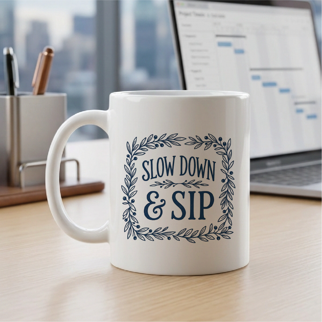 Slow Down & Sip - Quote Printed Premium Coffee Mugs & Cups (5 Options) MG1077