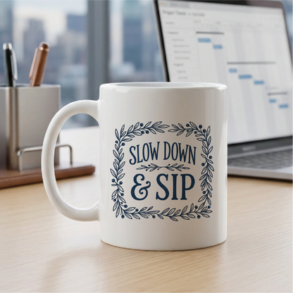 Slow Down & Sip - Quote Printed Premium Coffee Mugs & Cups (5 Options) MG1077