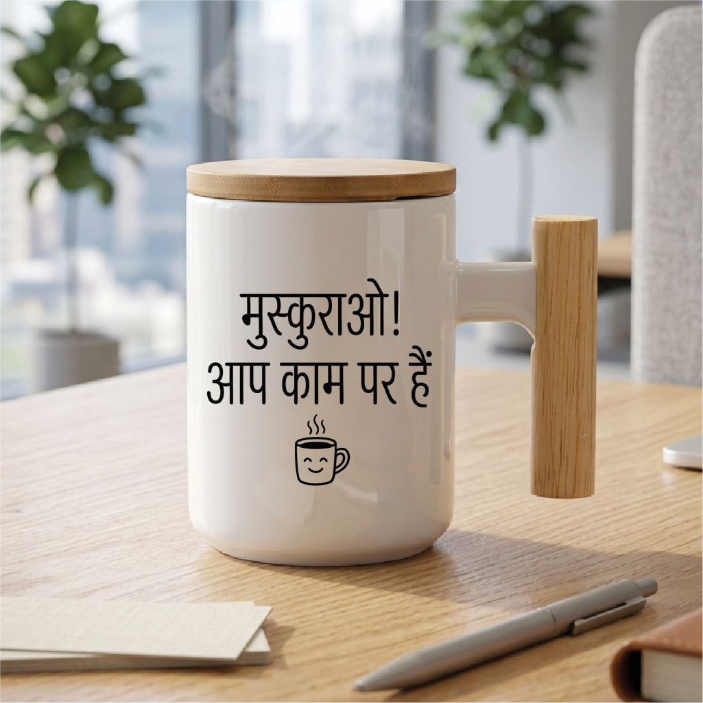 MG1108	"मुस्कुराओ! आप काम पर हैं।" (Smile! You are at work.) - Quote Printed Premium Coffee Mugs & Cups (5 Options)