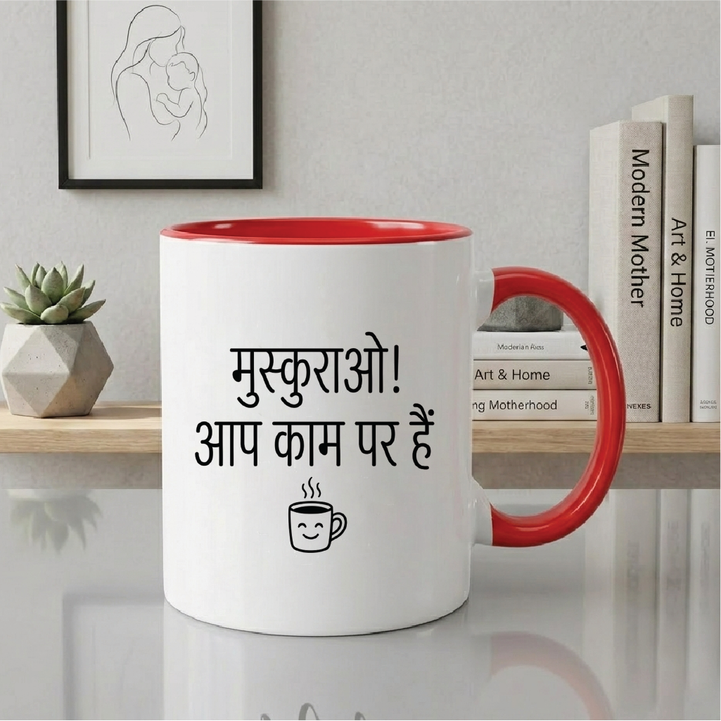 MG1108	"मुस्कुराओ! आप काम पर हैं।" (Smile! You are at work.) - Quote Printed Premium Coffee Mugs & Cups (5 Options)