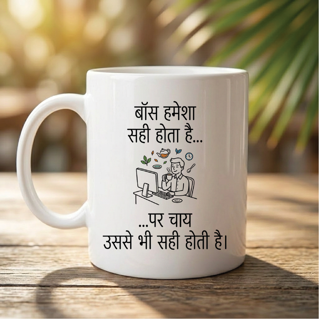 MG1118	"बॉस हमेशा सही होता है... पर चाय उससे भी सही होती है।" (The boss is always right... but tea is even more right.) - Quote Printed Premium Coffee Mugs & Cups (5 Options)