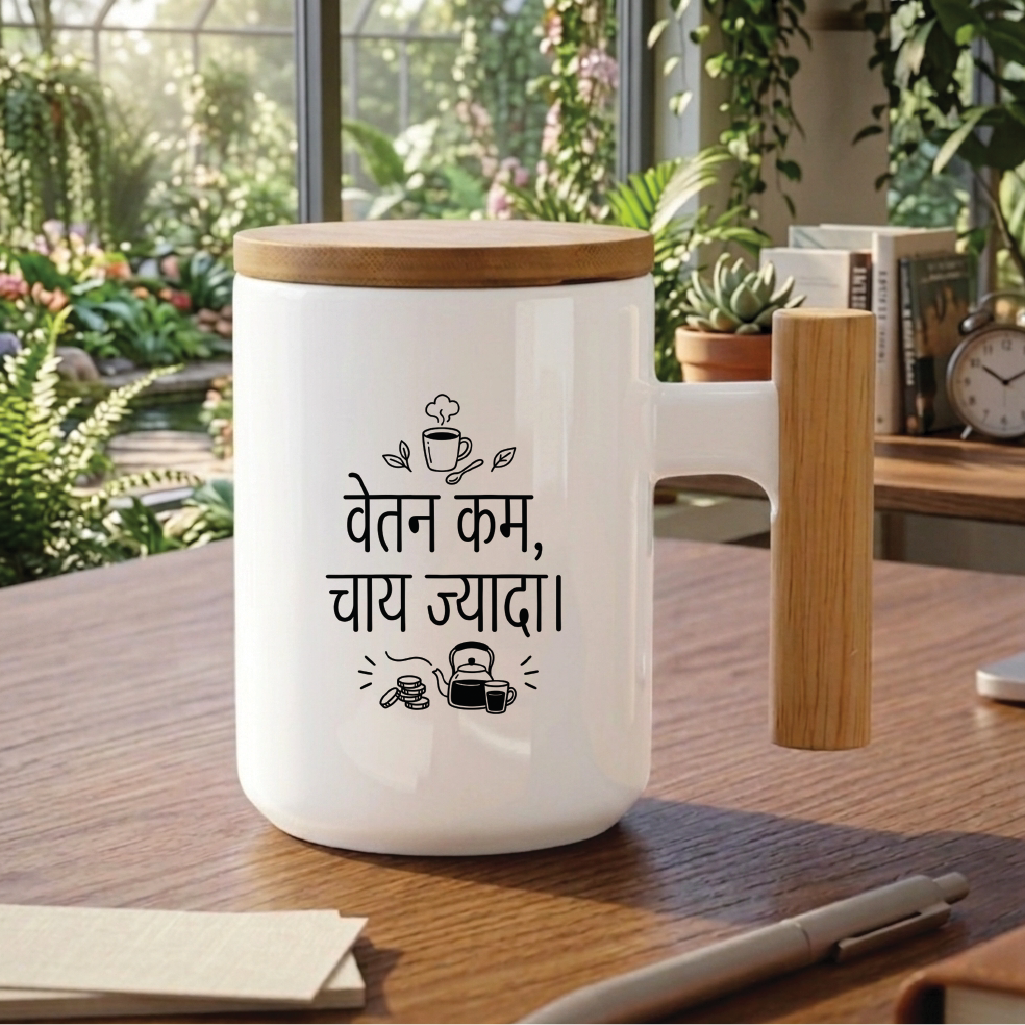 MG1122	"वेतन कम, चाय ज़्यादा।" (Low salary, high tea consumption.) - Quote Printed Premium Coffee Mugs & Cups (5 Options)