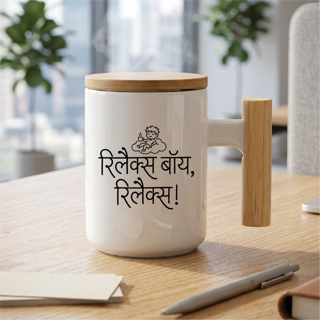 MG1123	"रिलैक्स बॉय, रिलैक्स!" (Relax boy, relax! — Welcome) - Quote Printed Premium Coffee Mugs & Cups (5 Options)