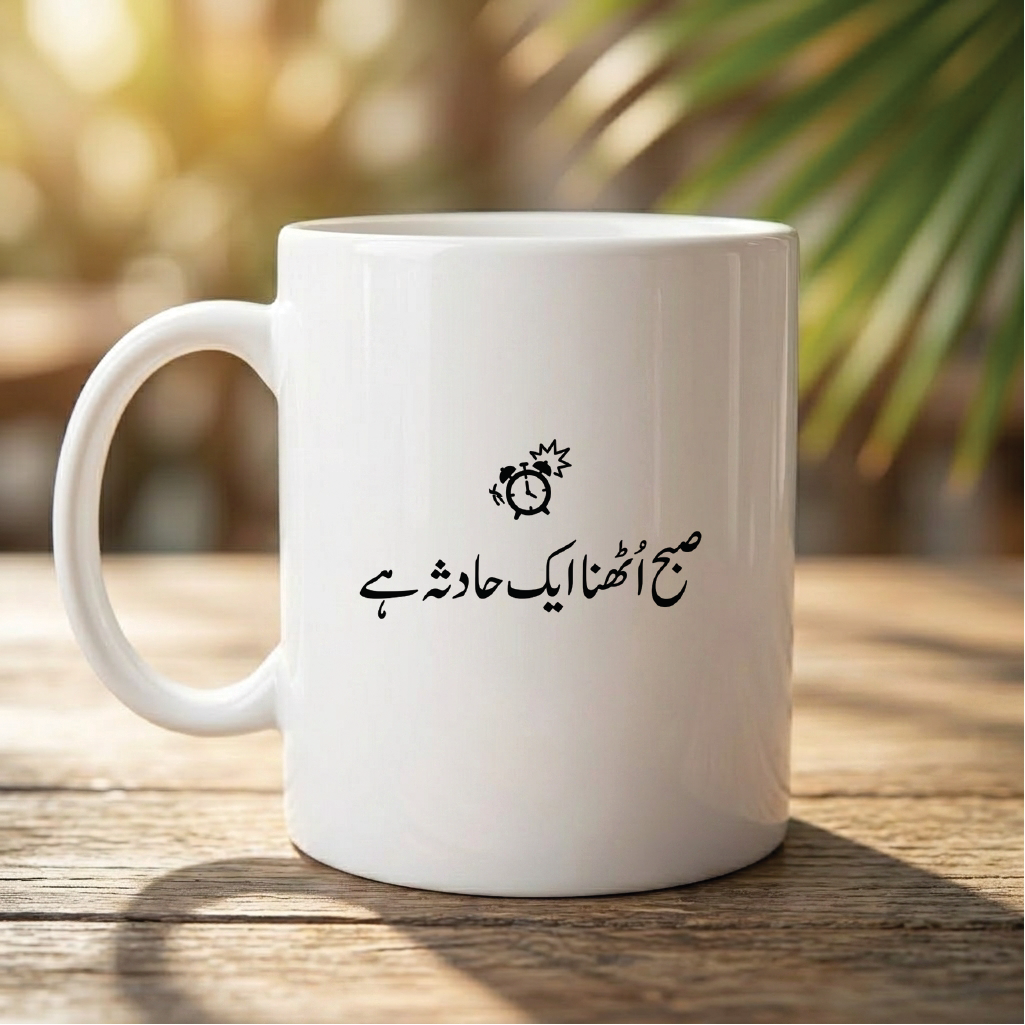 صبح اٹھنا ایک حادثہ ہے (Waking up in the morning is an accident) - Quote Printed Premium Coffee Mugs & Cups (5 Options) MG1133