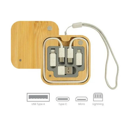 Personalized Multi-Charging Cable Set in Square Bamboo Case (Engraved)