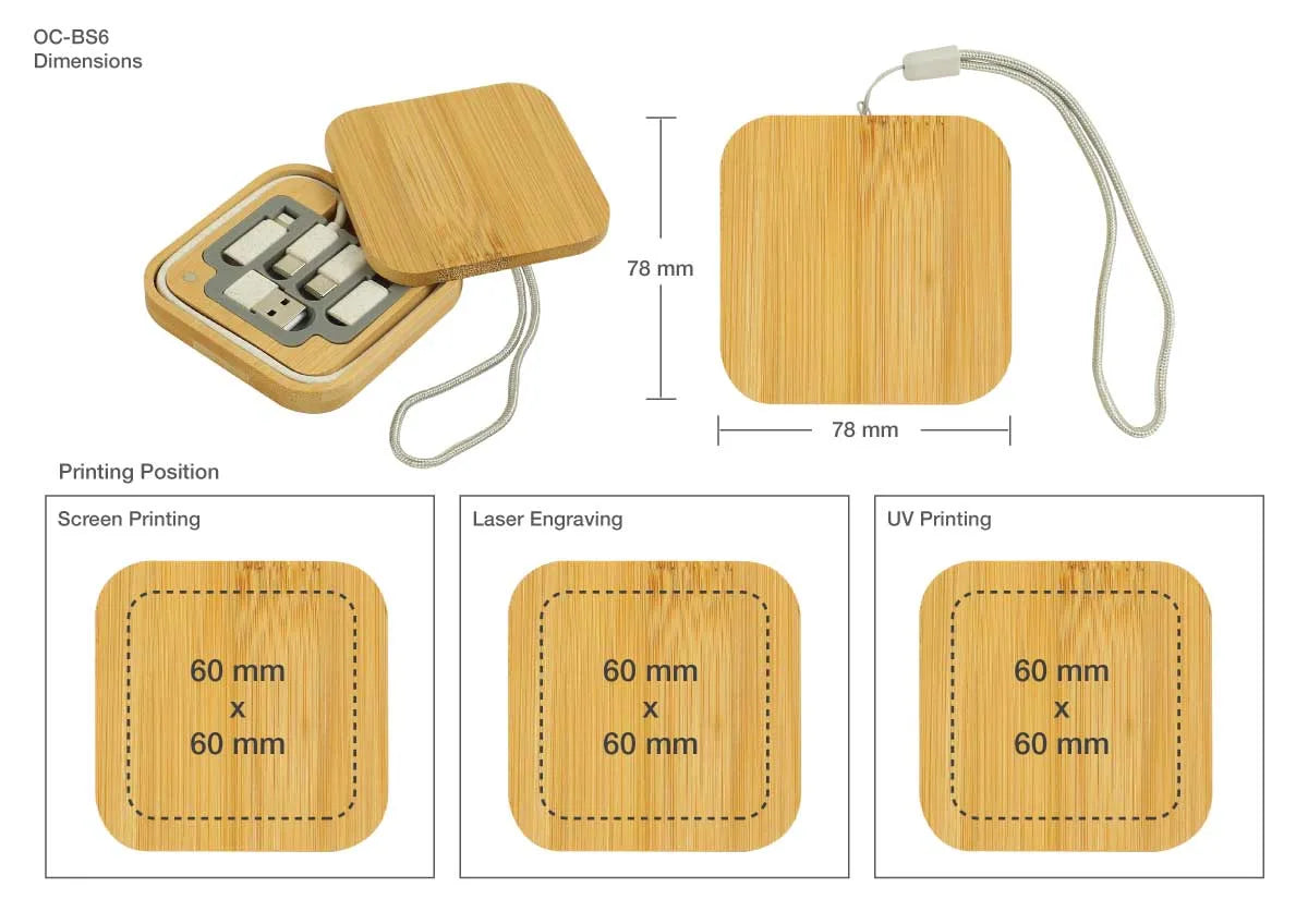Personalized Multi-Charging Cable Set in Square Bamboo Case (Engraved)