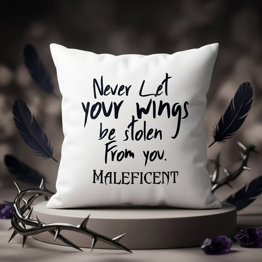 FMstyles - Never Let your Wings be stolen from you Maleficent Printed Premium White Polyester Quote Cushion Cover (40 x 40 cm) – Decorative Throw Pillow