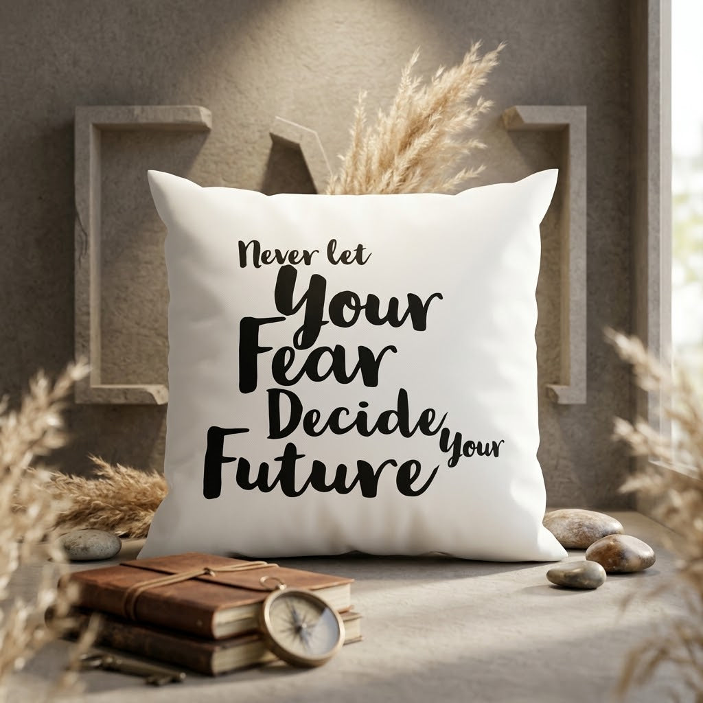 FMstyles - Never Let Your Fear Decide Your Future Printed Premium White Polyester Quote Cushion Cover (40 x 40 cm) – Decorative Throw Pillow