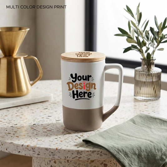 Personalized Two-toned Ceramic Mugs with Clay Bottom, Bamboo Lid - 15 oz. (460ml)