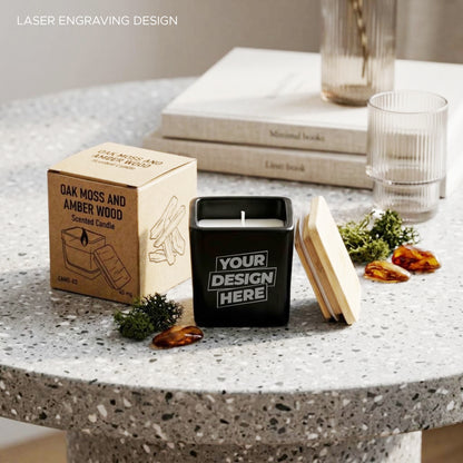 Personalized Scented Candle in Square Glass Bottle, Bamboo Lid, Oakmoss & Amber Scent