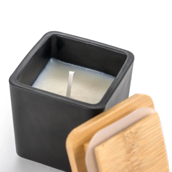 Personalized Scented Candle in Square Glass Bottle, Bamboo Lid, Oakmoss & Amber Scent