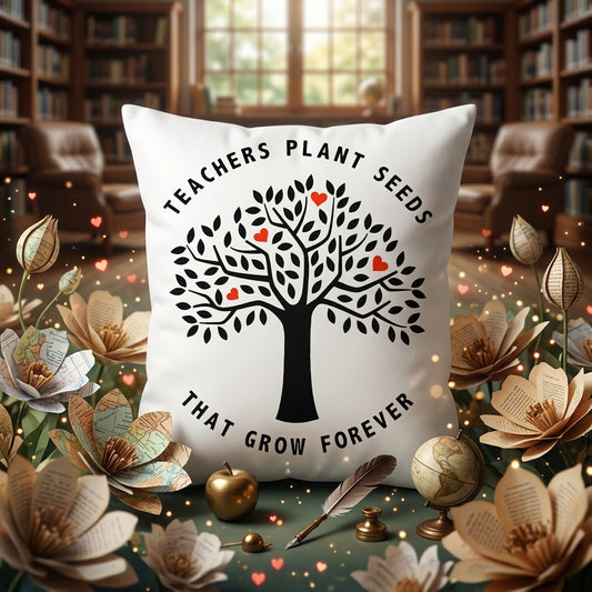 FMstyles - Teacher's Plant Seeds that Grow Forever Printed Premium White Polyester Quote Cushion Cover (40 x 40 cm) – Decorative Throw Pillow