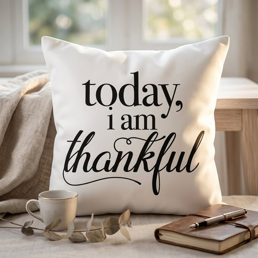 FMstyles Today I Am Thankful Printed Premium White Polyester Quote Cushion Cover (40 x 40 cm) – Decorative Throw Pillow