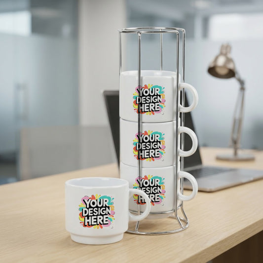 Personalized 4-Piece Ceramic Coffee Cups Set with Silver Metal Rack (295 ml / 10 oz)