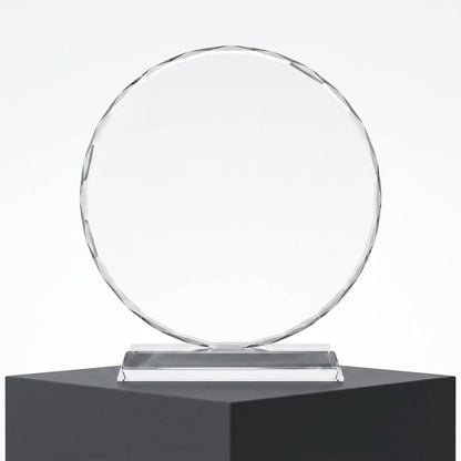 Customized Round Faceted Crystal Award & Photo Frame Plaque with Glass Stand Base