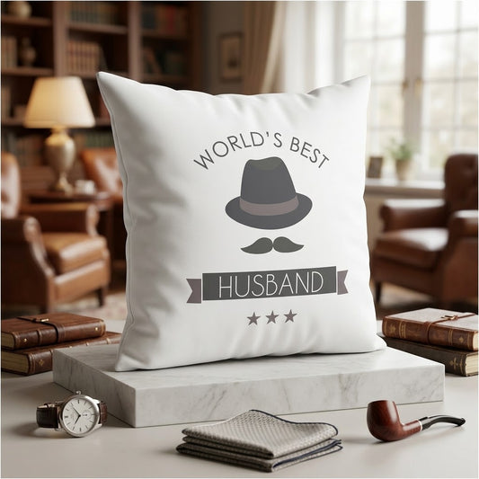 FMstyles - Worlds Best Husband Printed Premium White Polyester Quote Cushion Cover (40 x 40 cm) – Decorative Throw Pillow