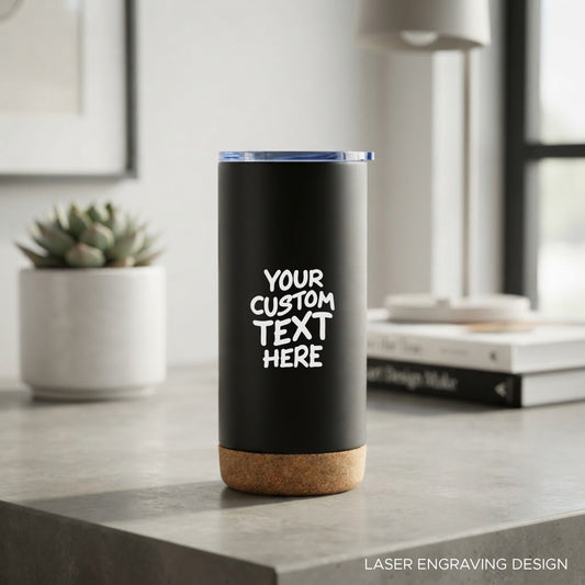 Personalized Travel Tumbler with Cork Base - 450ml Stainless Steel (Black)