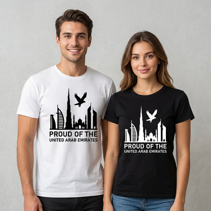 FMstyles - 100% Cotton White Round Neck Unisex T-Shirt – UAE Skyline Graphic Printed Tees