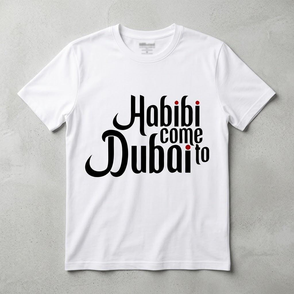FMstyles - Unisex 100% Cotton White Round Neck Unisex T-Shirt – "Habibi Come To Dubai" Graphic Tee
