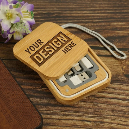 Personalized Multi-Charging Cable Set in Square Bamboo Case (Engraved)
