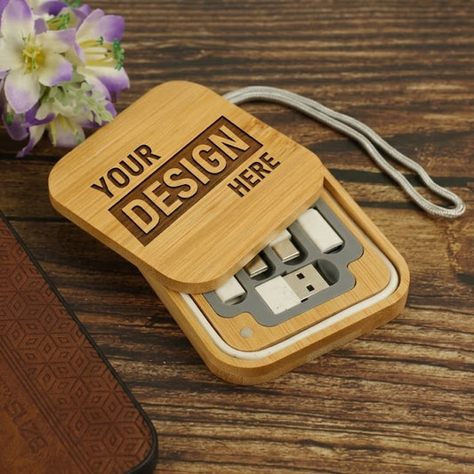 Personalized Multi-Charging Cable Set in Square Bamboo Case (Engraved)