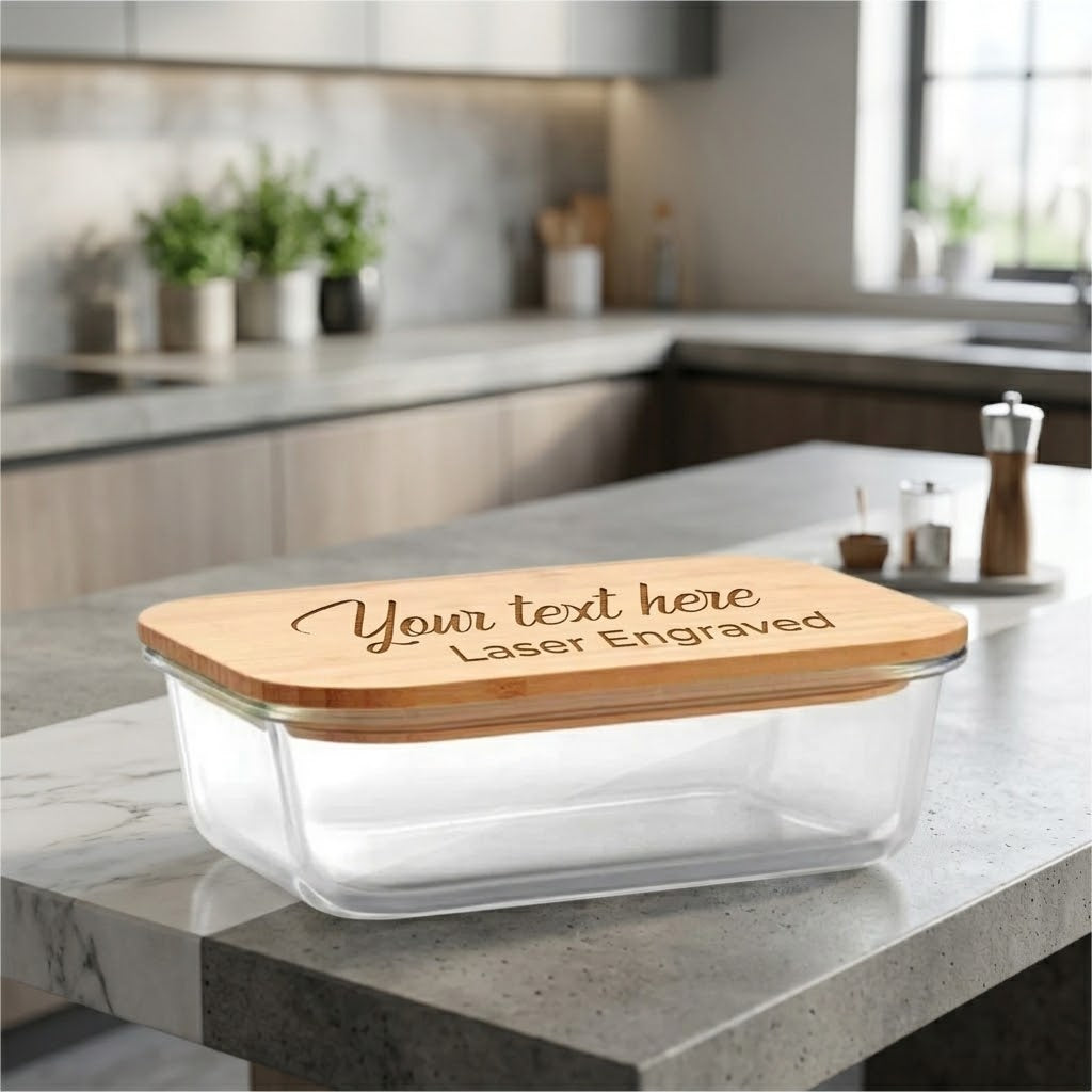 Personalized Elegance: Glass Food Box with Bamboo Lid