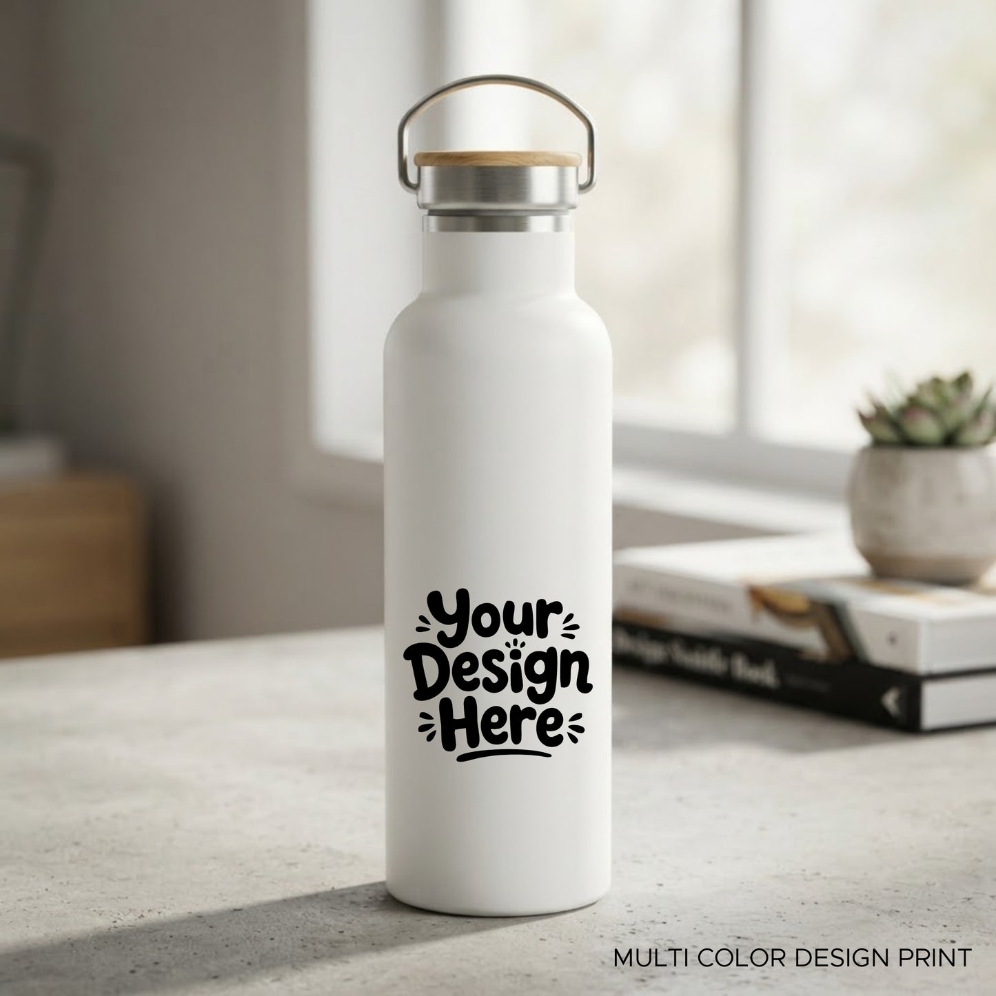 Personalized Premium Stainless Steel Flask with Bamboo Lid - 600ml (White)