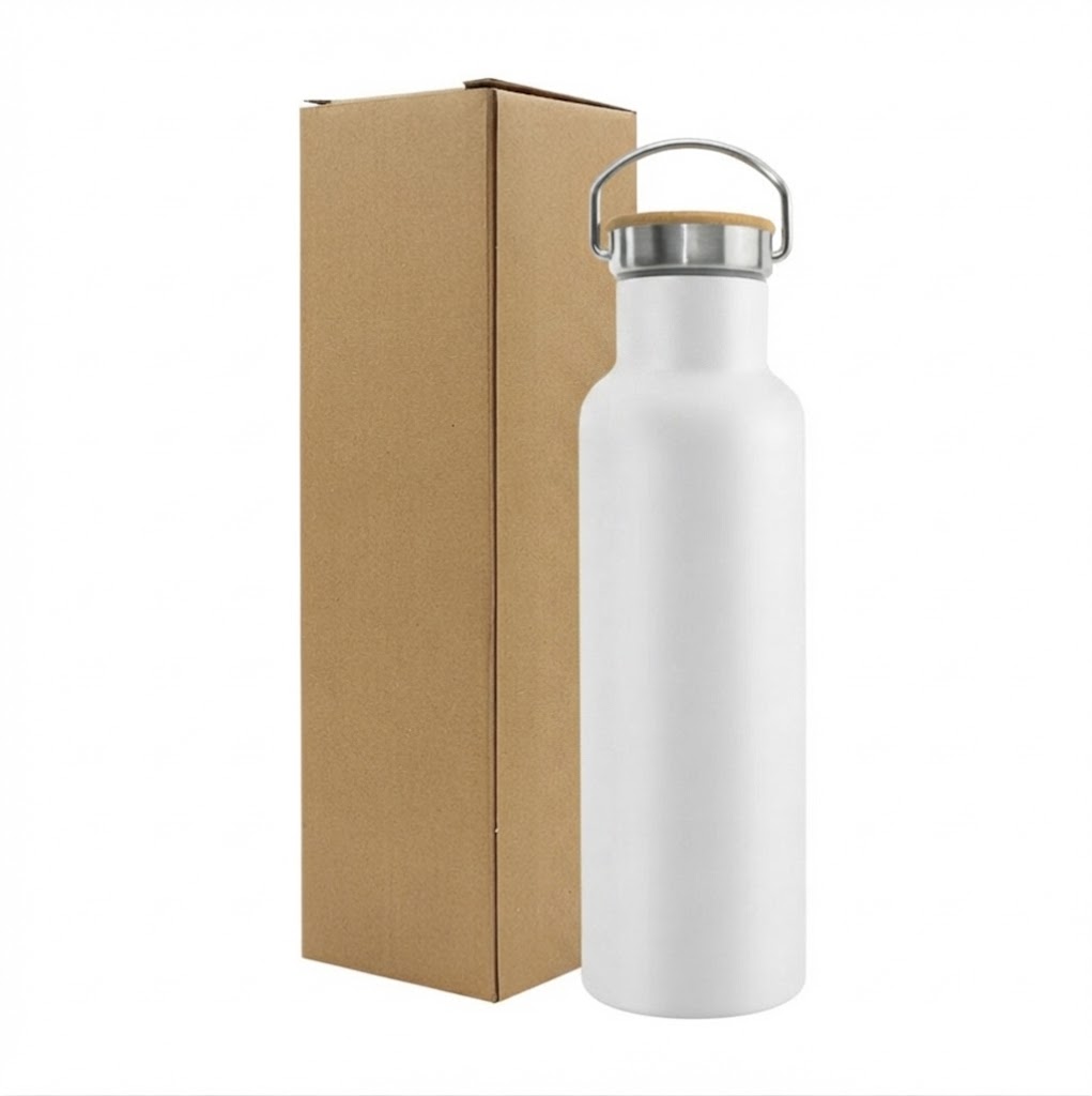 Personalized Premium Stainless Steel Flask with Bamboo Lid - 600ml (White)