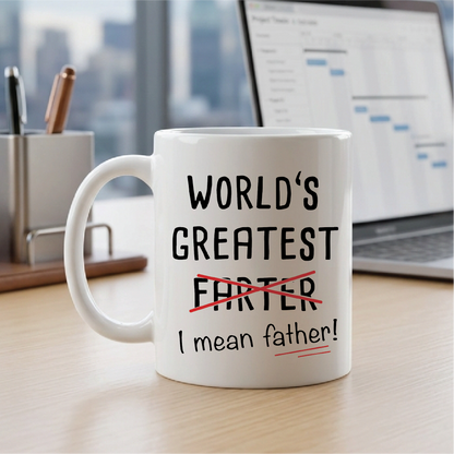 Funny Best Dad Coffee Mug, World's Greatest Father, I Mean Father, Best Cute Birthday Gifts for Dad Cup White, 11 Oz