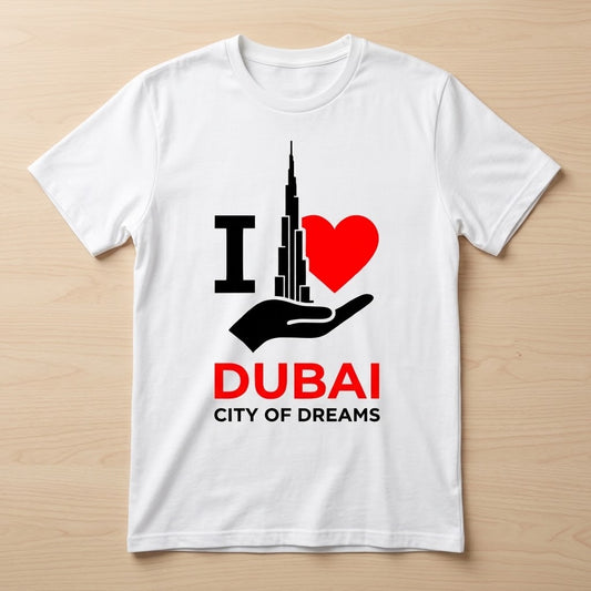FMstyles - Round Neck T-Shirt – 100% Cotton "I Love Dubai: City of Dreams" Printed Unisex Graphic Tee
