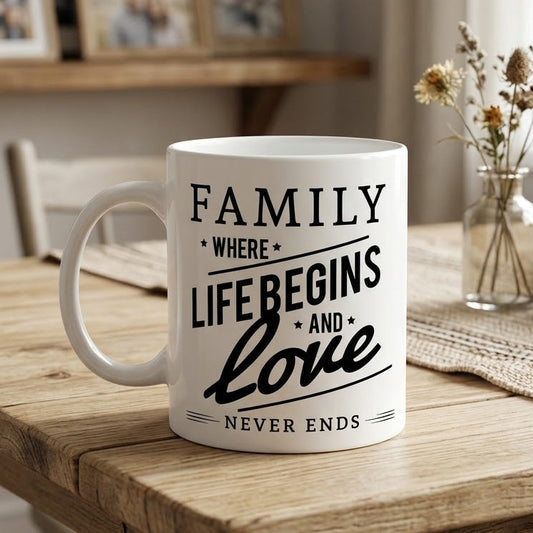 Inspirational Family Quote White Ceramic Coffee Mug - Family Where Life Begins and Love Never Ends - 11oz