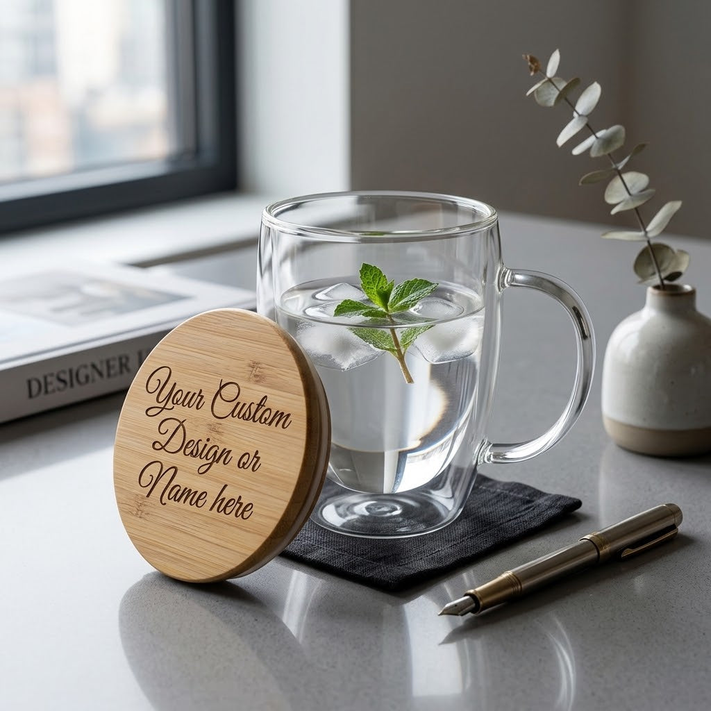 Personalized Double Wall Clear Glass Mug with Bamboo Lid - 320 ml