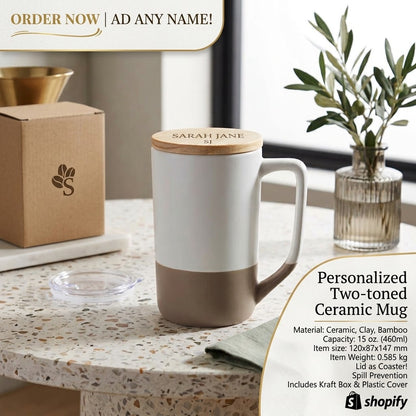 Personalized Two-toned Ceramic Mugs with Clay Bottom, Bamboo Lid - 15 oz. (460ml)