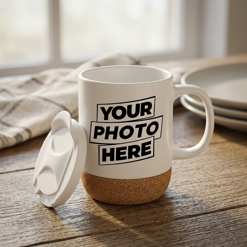 Personalized Cork Base Premium White Mug with Lid