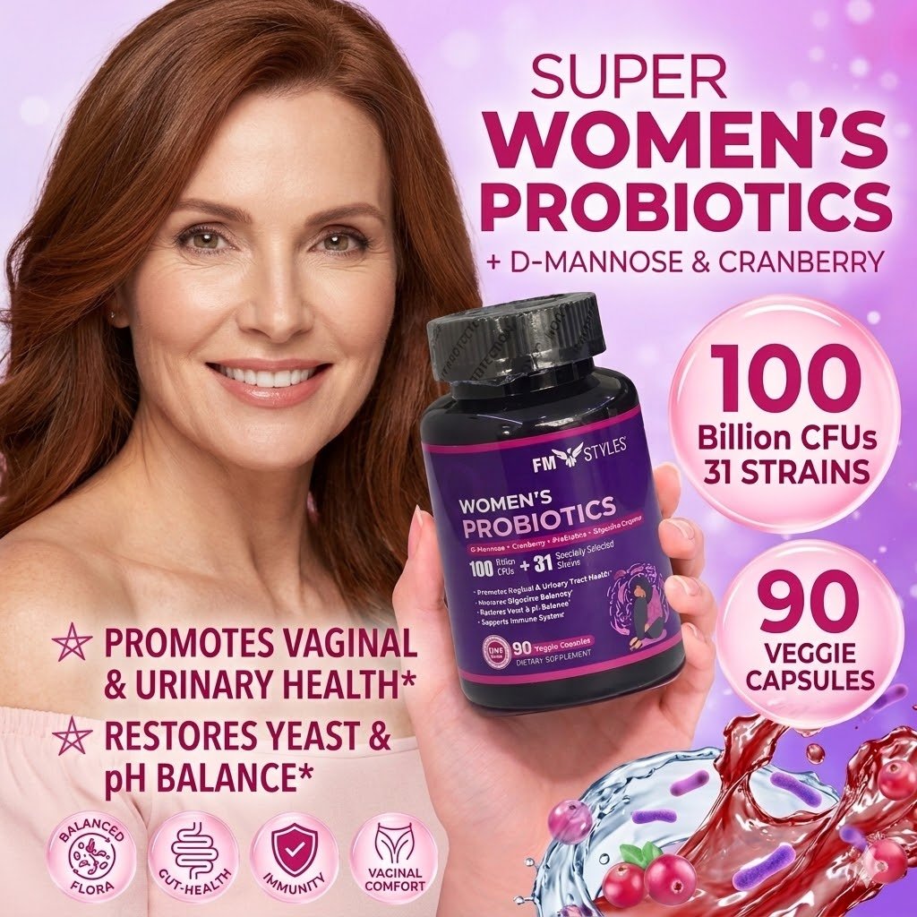 FMstyles Women’s Probiotics 100 Billion CFUs with D-Mannose, Cranberry, Prebiotics, Digestive Enzymes, 31 Strains, 90 Veggie Capsules, Vaginal and Urinary Health Support