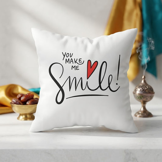 FMstyles - You Make me Smile Printed Premium White Polyester Quote Cushion Cover (40 x 40 cm) – Decorative Throw Pillow