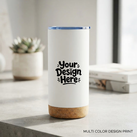 Personalized Travel Tumbler with Cork Base - 450ml Stainless Steel (White)