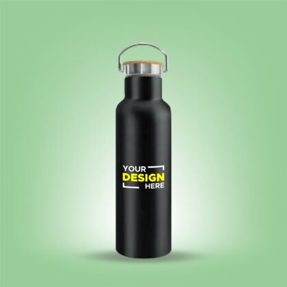 Personalized Stainless Steel Bamboo Flask (Black) - 600 ml