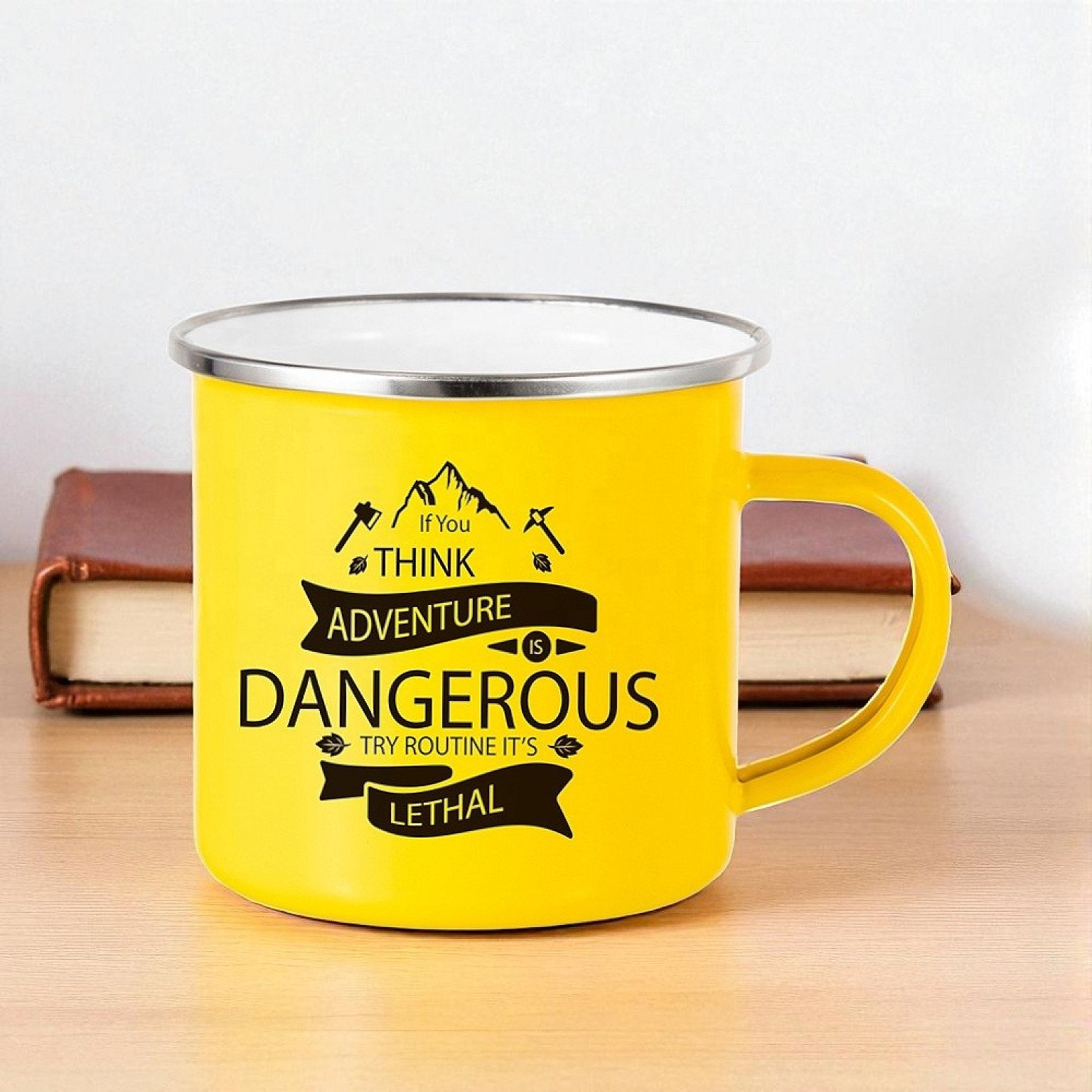 Rugged Charm: Customizable Metal Enamel Mug (Yellow) - Image 3