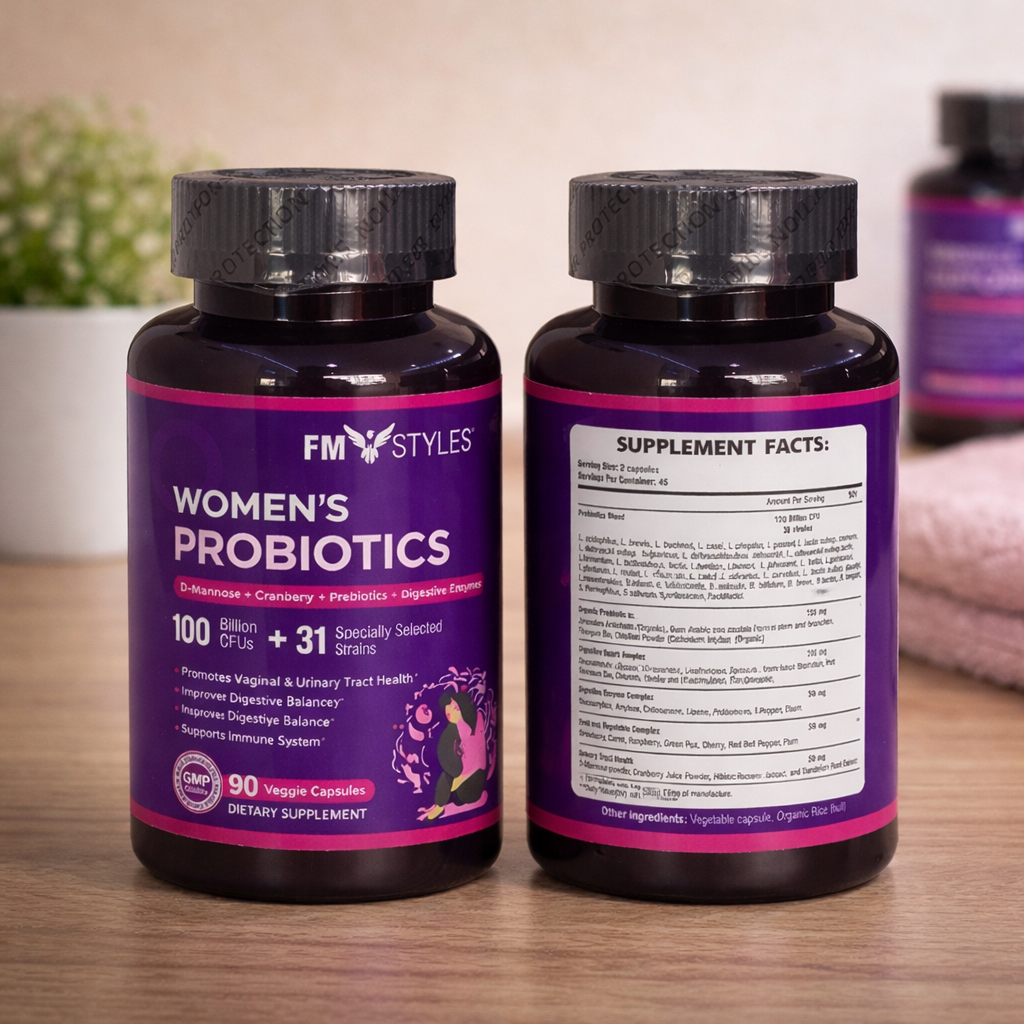 FMstyles Women's Probiotics 100 Billion CFUs with D-Mannose, Cranberry, Prebiotics, Digestive Enzymes, 31 Strains, 90 Veggie Capsules, Vaginal and Urinary Health Support - Image 2