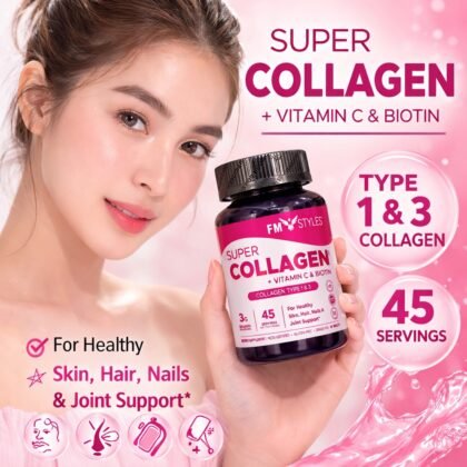 FMstyles Super Collagen Peptides Tablets with Vitamin C & Biotin, Types 1 & 3 Hydrolyzed Bovine Collagen, Hair Skin Nails & Joint Support, Keto & Gluten-Free, Grass-Fed, 90 Tablets