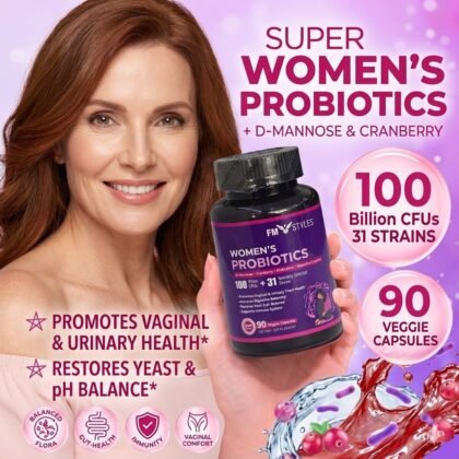 FMstyles Women's Probiotics 100 Billion CFUs with D-Mannose, Cranberry, Prebiotics, Digestive Enzymes, 31 Strains, 90 Veggie Capsules, Vaginal and Urinary Health Support