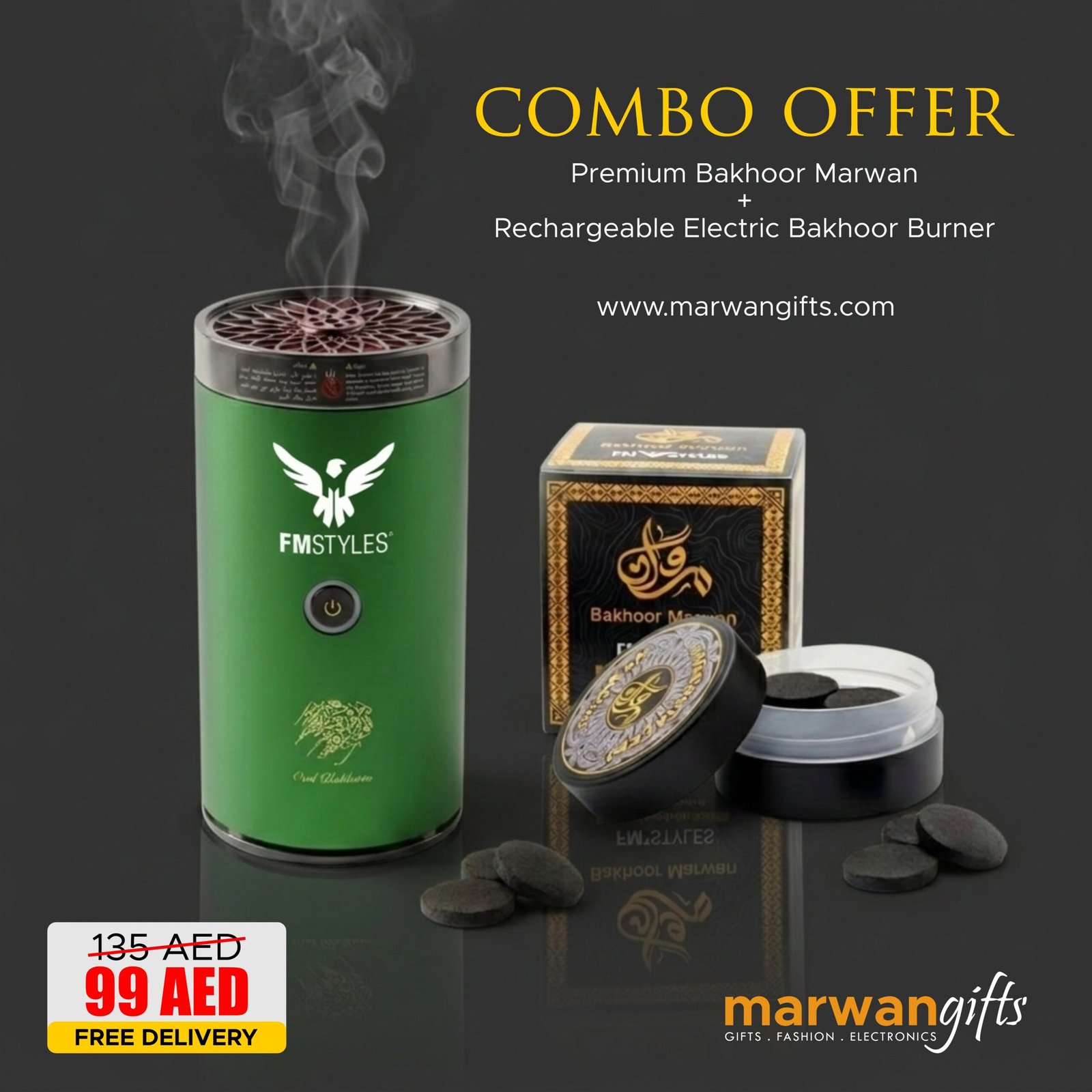 Premium Bakhoor Combo: Rechargeable Electric Burner & Bakhoor Marwan