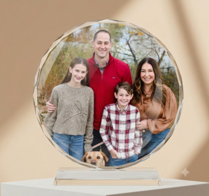 Customized Round Faceted Crystal Award & Photo Frame Plaque with Glass Stand Base