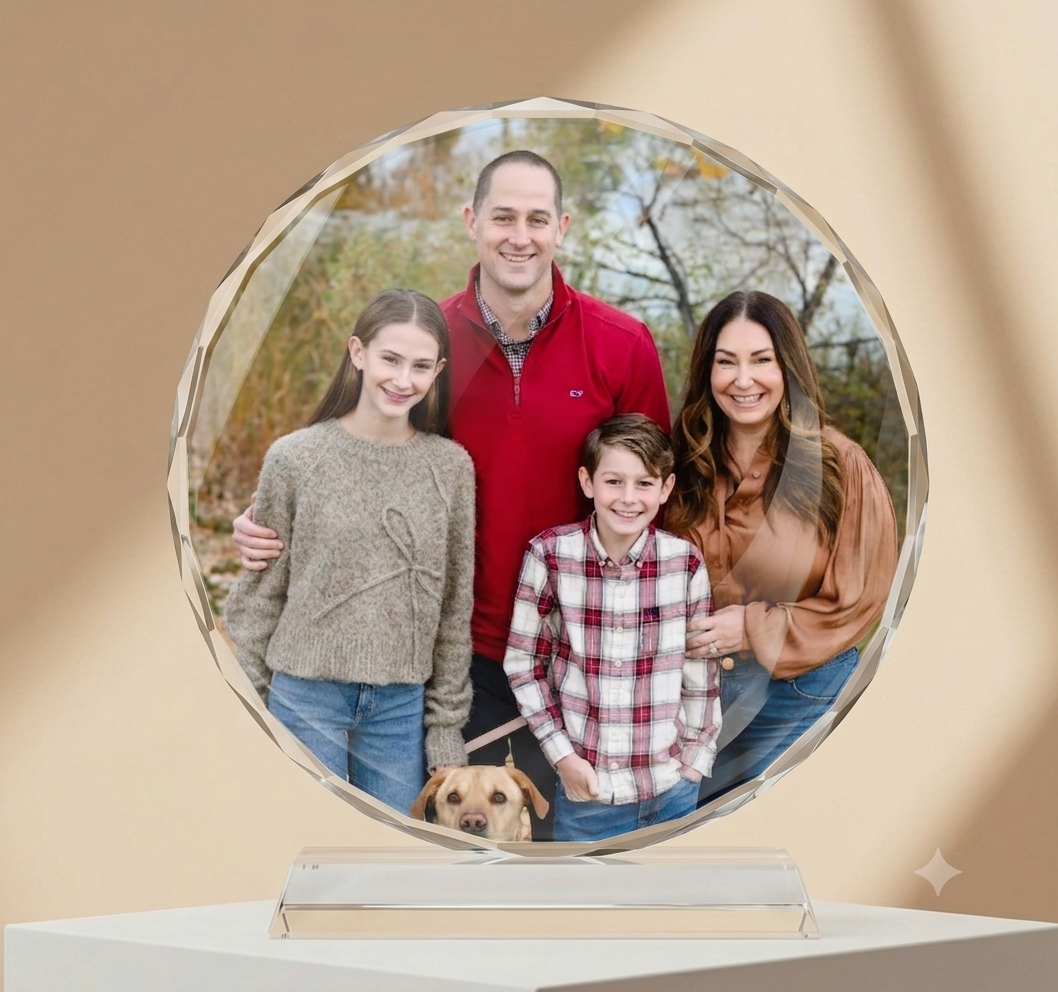 Customized Round Faceted Crystal Award & Photo Frame Plaque with Glass Stand Base