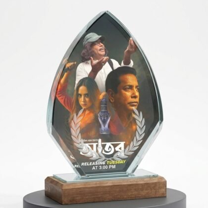 Customized Premium Flame Crystal Award Trophy with Wooden Base – Personalized Recognition Memento