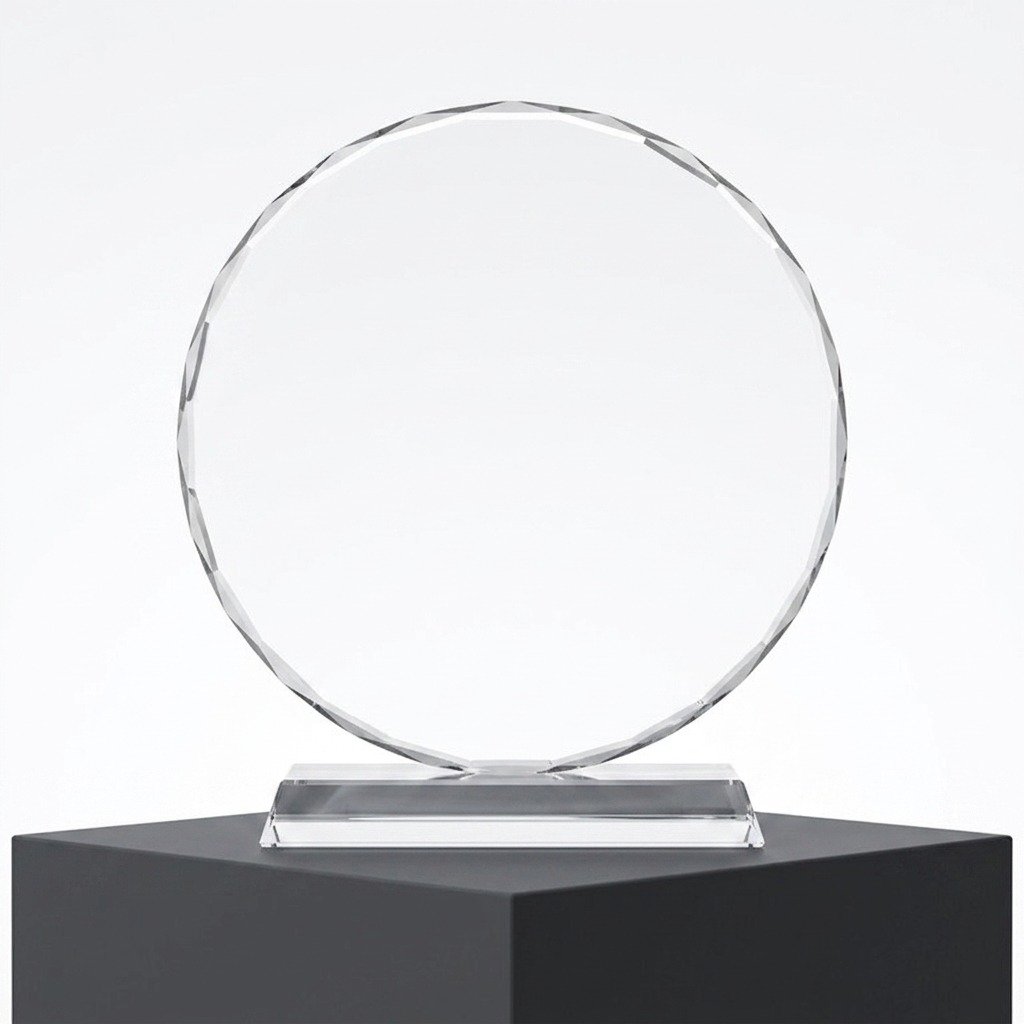 Customized Round Faceted Crystal Award & Photo Frame Plaque with Glass Stand Base - Image 3